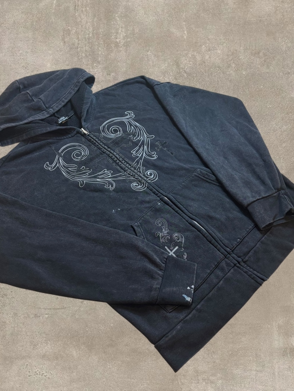 Social Collision Black Y2K Cyber Grunge Embroidered Heart Cross Zip Up Hoodie S